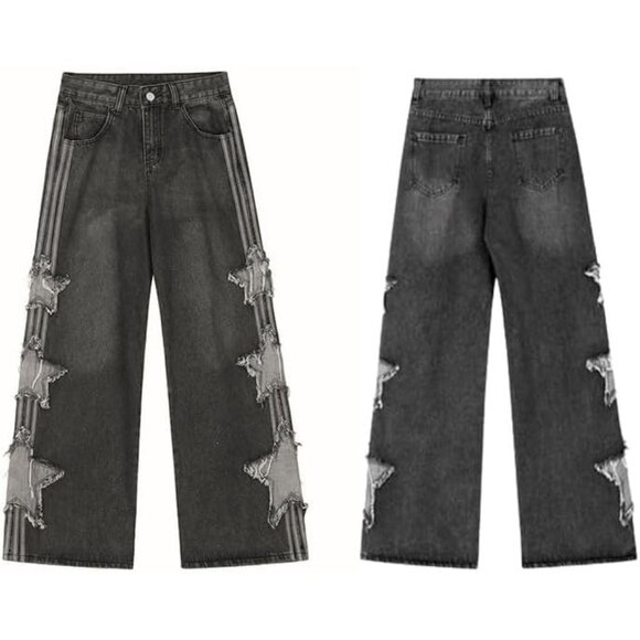 Stylish Y2K Patchwork Denim Pants for Women - Comfortable High-Waisted Baggy Fit - Picture 5 of 5